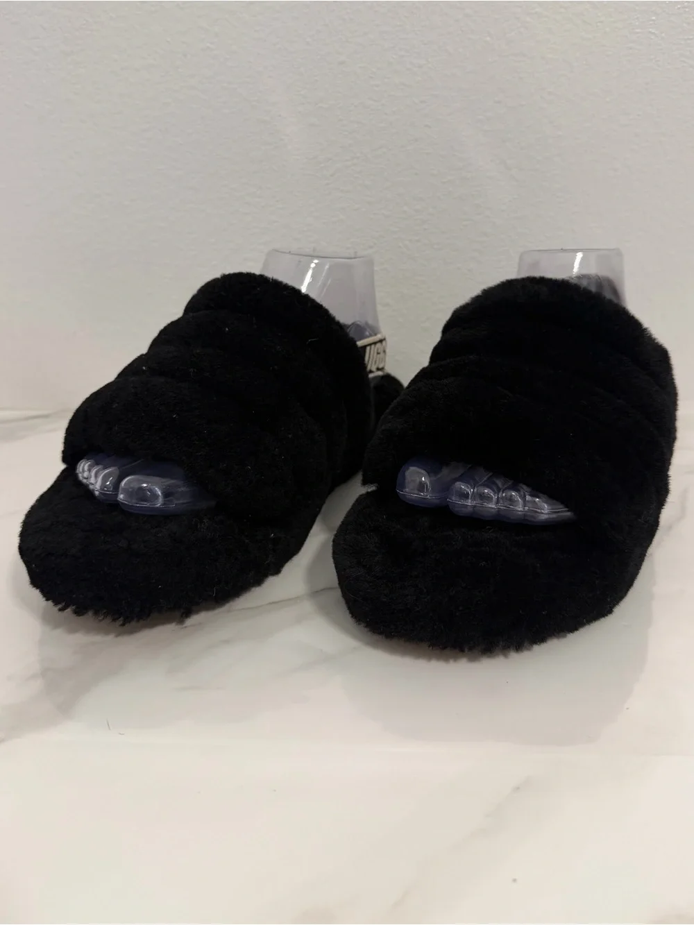 Ugg Fluff Yeah slide slippers black logo strap size 4